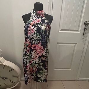 💋C Christian Tropical Tie-Neck Shift Dress Size S lined 0204. 54